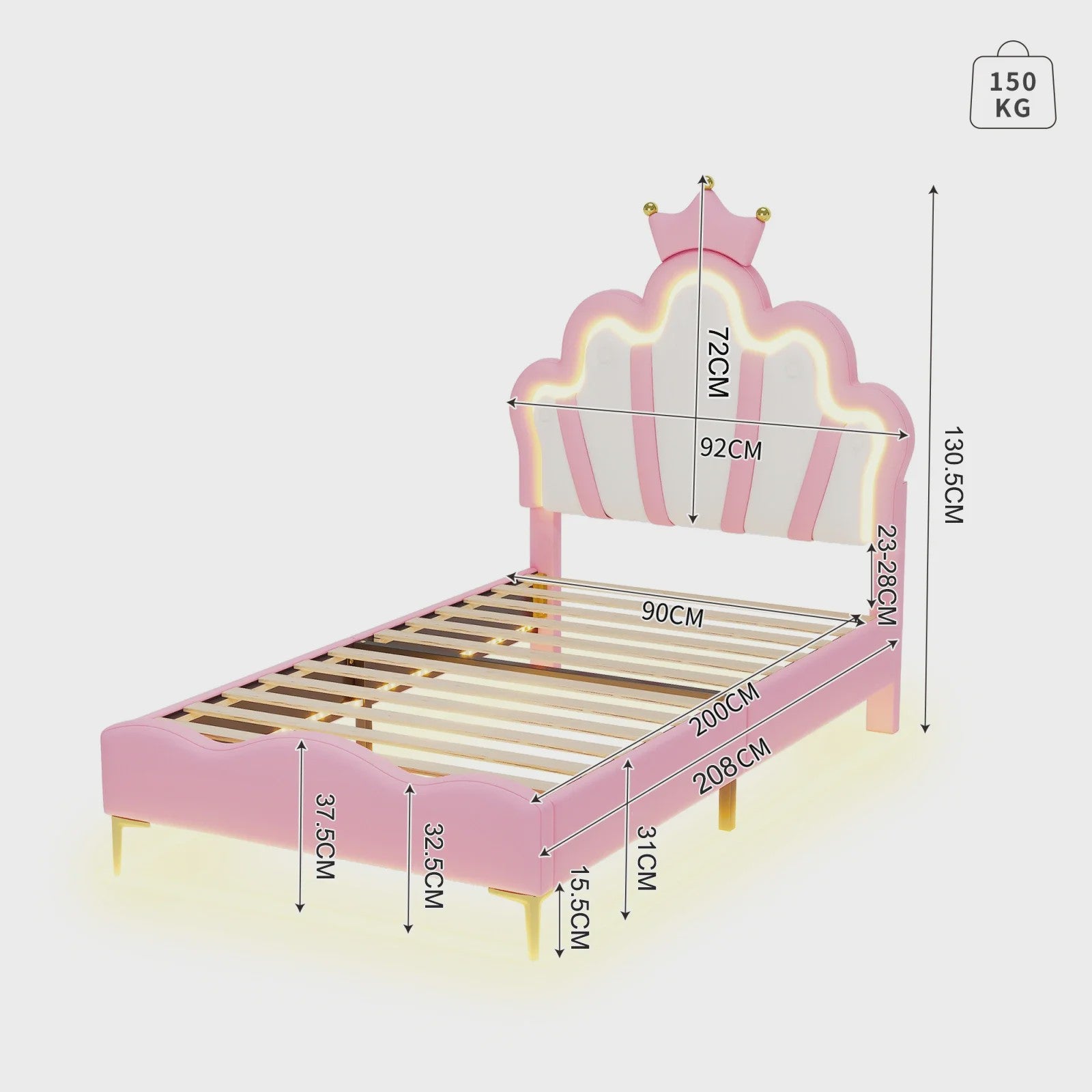 Betoverend Prinsessenbed 90x200cm met Kroon Hoofdbord, LED Verlichting en Lattenbodem