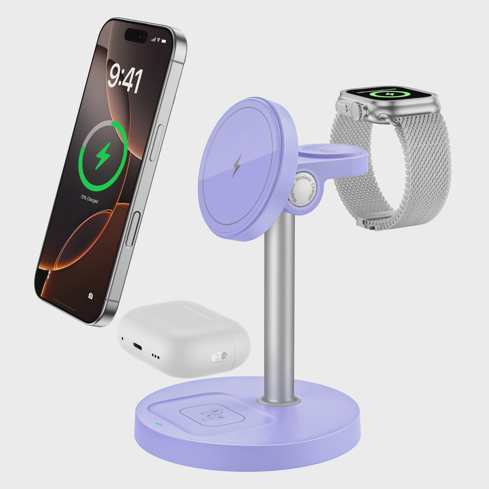 3-in-1 Magnetische Draadloze Oplader Stand voor iPhone, Apple Watch & AirPods - 15W Fast Charge