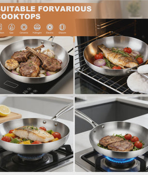 3-delige RVS Koekenpan Set - Snel & Gelijkmatig Verwarmen, Gezond Koken