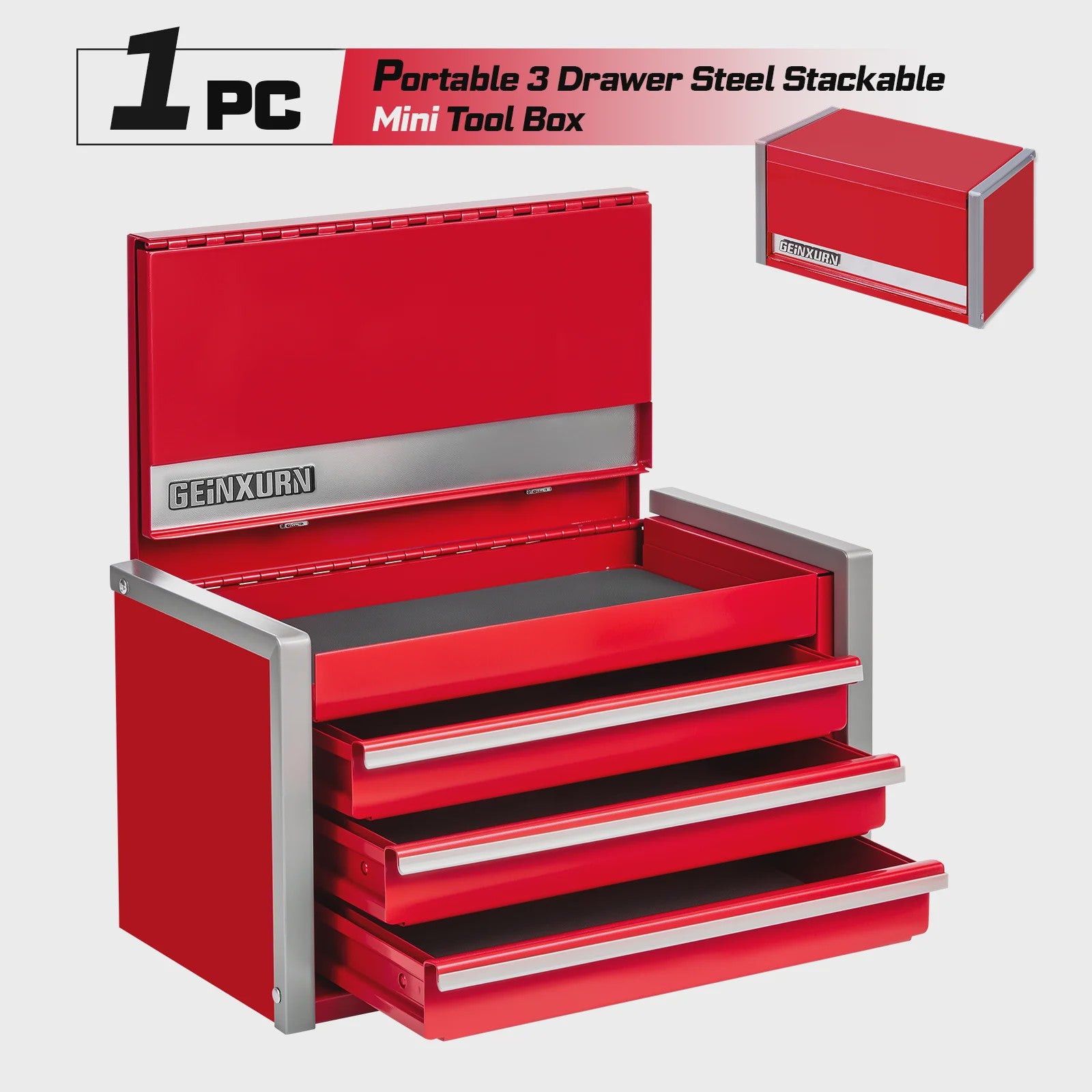 Geinxurn Mini Gereedschapskist - Compacte 3/5 Lades, Stapelbaar Staal, Rood