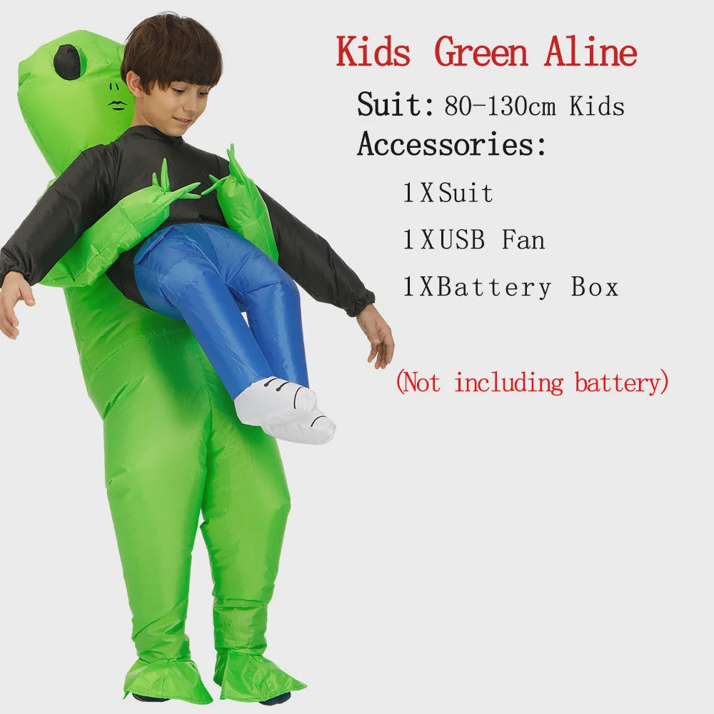 Opblaasbaar Buitenaards Kostuum - Groene Alien met Kind op Arm - Volwassen Feestkostuum