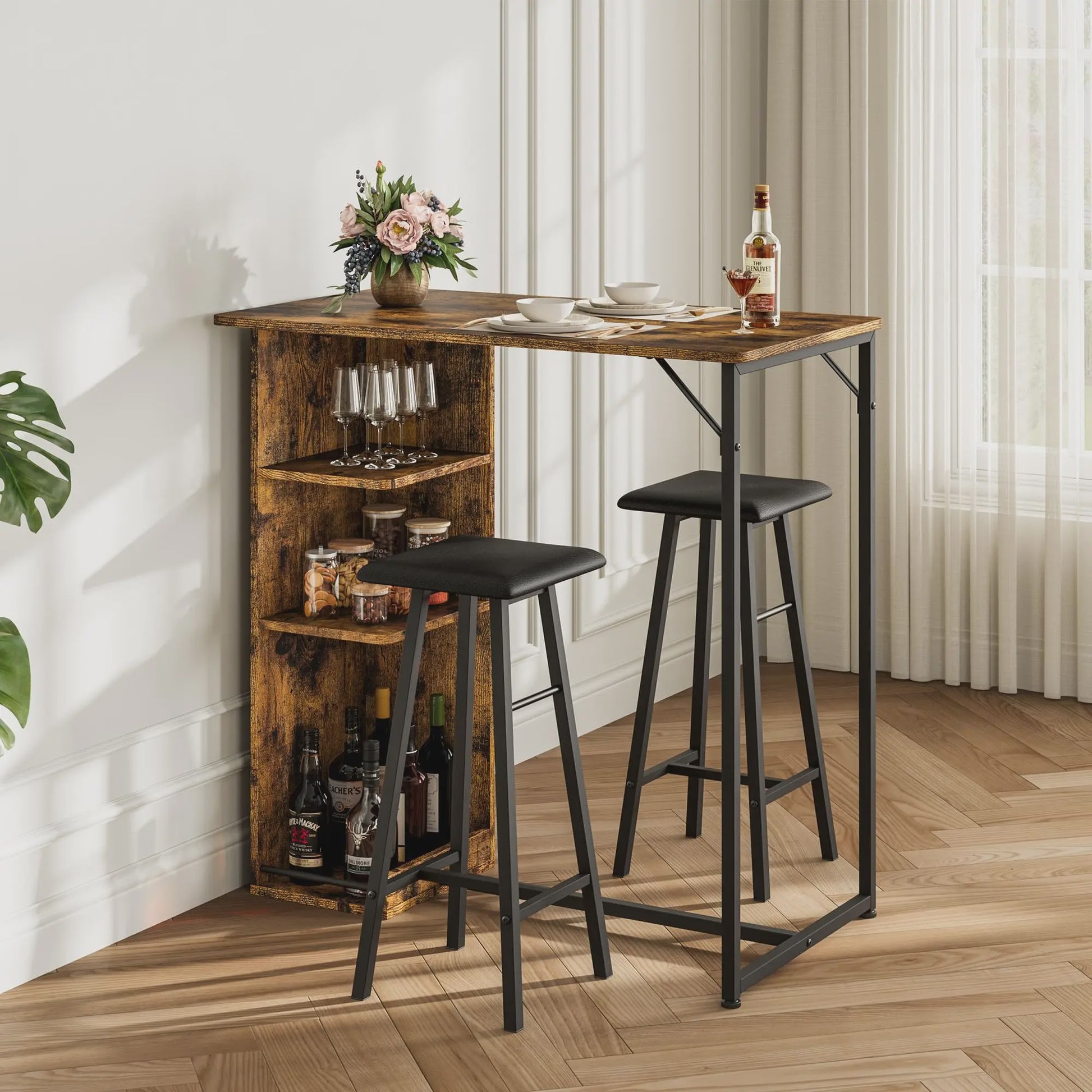 3-delige Bartafel Set met 2 Krukken en Opbergruimte - Compact Keukenmeubel