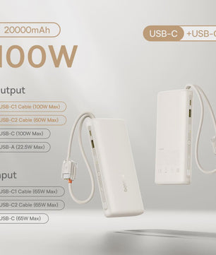 Baseus 145W Powerbank 25000mAh met Ingebouwde Type-C Kabels - Snel Laden voor Laptop, Tablet & Smartphone