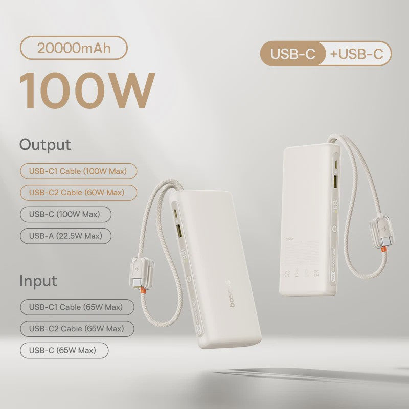 Baseus 145W Powerbank 25000mAh met Ingebouwde Type-C Kabels - Snel Laden voor Laptop, Tablet & Smartphone