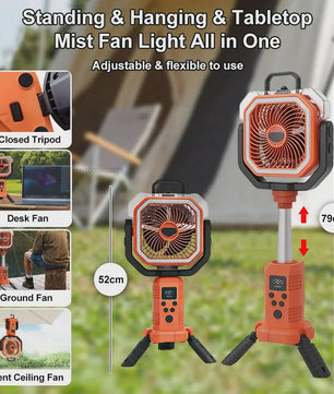 Draagbare Camping Ventilator met Vernevelaar, 20000mAh, Afstandsbediening & LED Licht