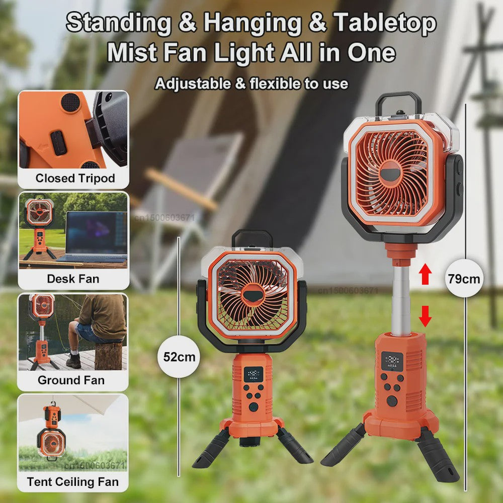 Draagbare Camping Ventilator met Vernevelaar, 20000mAh, Afstandsbediening & LED Licht