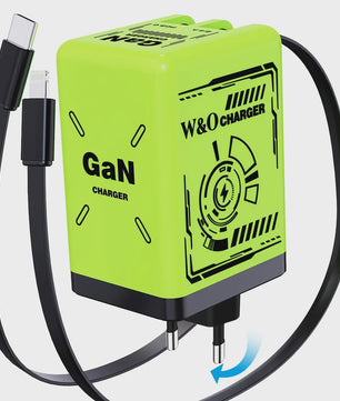 W&O GaN Snellader met 80cm Intrekbare Kabel: Dubbele Poort voor Lightning & Type-C