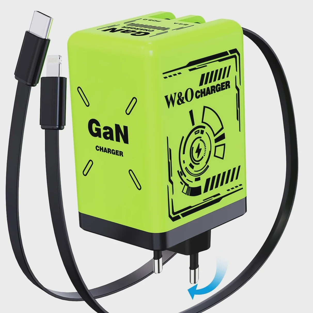 W&O GaN Snellader met 80cm Intrekbare Kabel: Dubbele Poort voor Lightning & Type-C