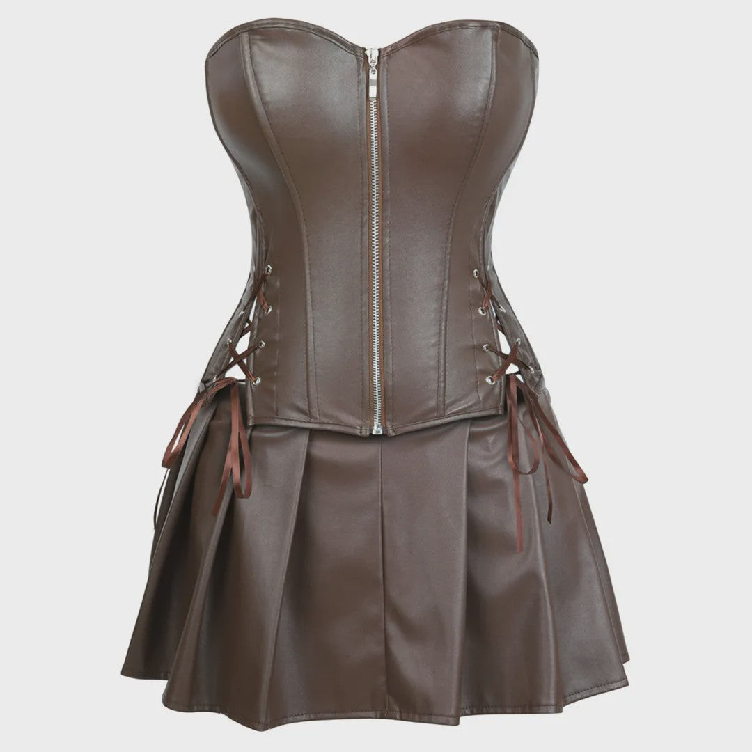 Lederlook Corset met Rok Set - Gothic, Punk & Steampunk Stijl - Verkrijgbaar in Plus Size