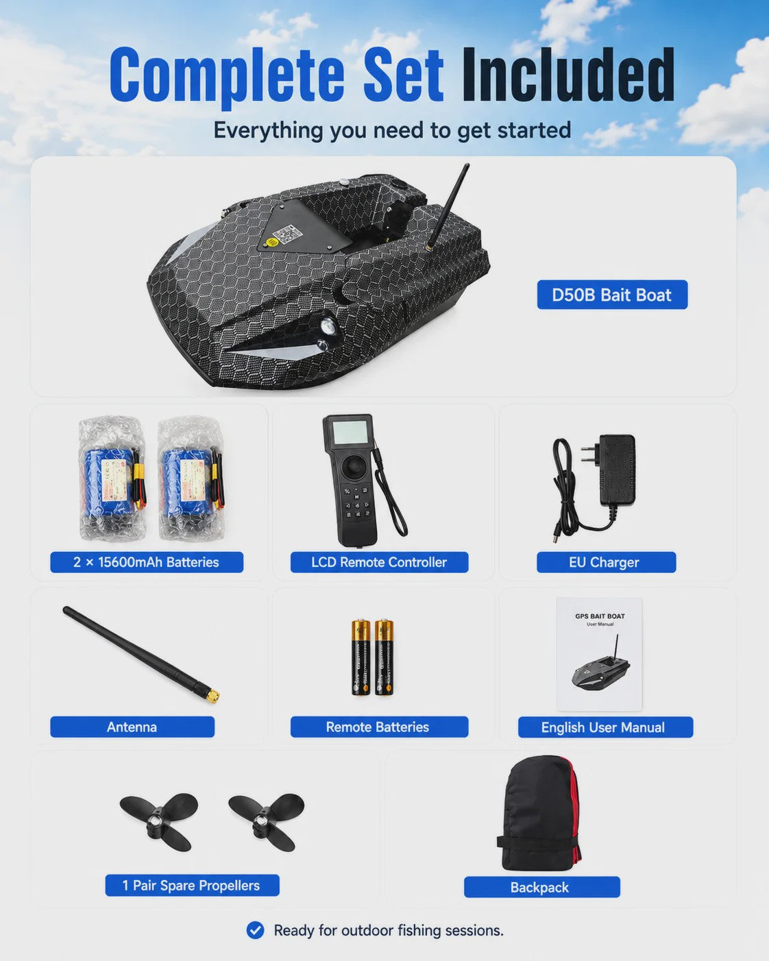 D50B Carbon Fiber GPS Voerboot met Dubbele 15600mAh Batterij - Krachtige RC Visboot