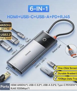 Baseus 6-in-1 USB-C Hub: 4K HDMI, 10Gbps USB 3.2, PD 100W, RJ45 Adapter