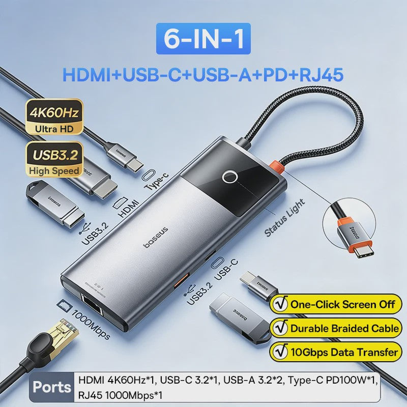 Baseus 6-in-1 USB-C Hub: 4K HDMI, 10Gbps USB 3.2, PD 100W, RJ45 Adapter