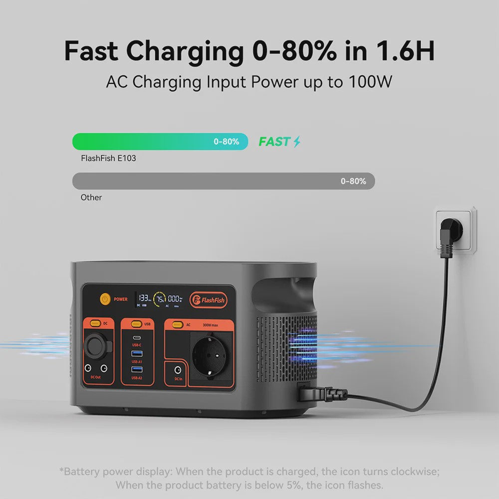 Flashfish E103 Draagbare Power Station 300W, 179Wh LiFePO4 Accu, Pure Sine Wave, Solar Generator