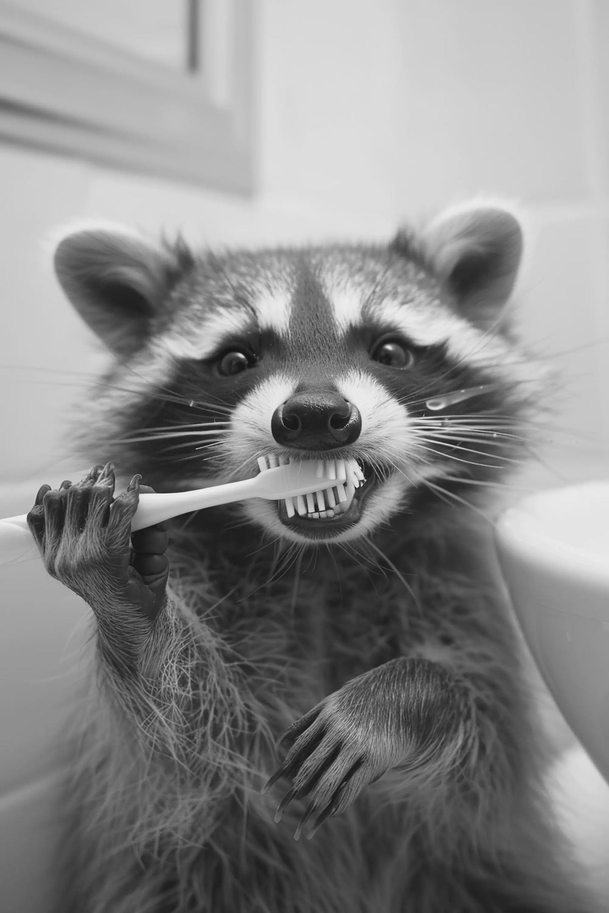 Grappige Poster Set: Zwart-Wit Dieren Poetsen Tanden - Canvas Kunst voor Woonkamer & Slaapkamer