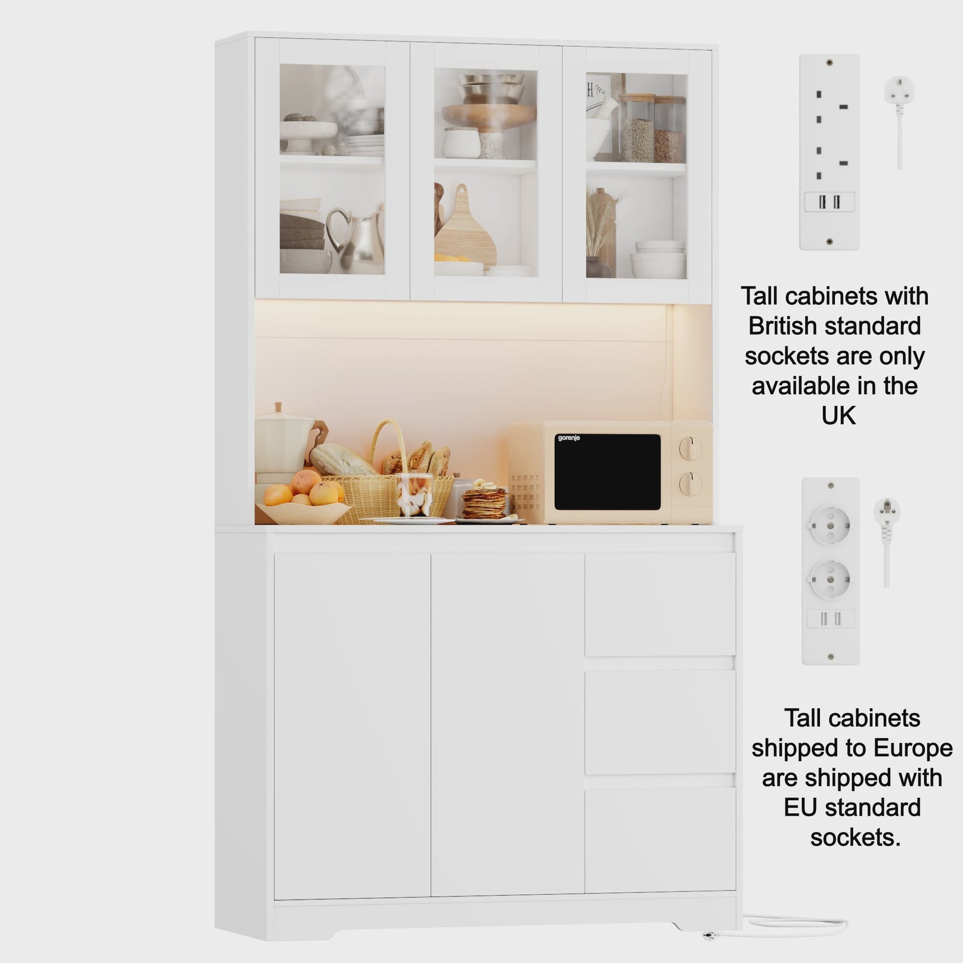 Keuken Buffetkast met LED Verlichting, 3 Lades en Stopcontacten - 100x38.5x180cm