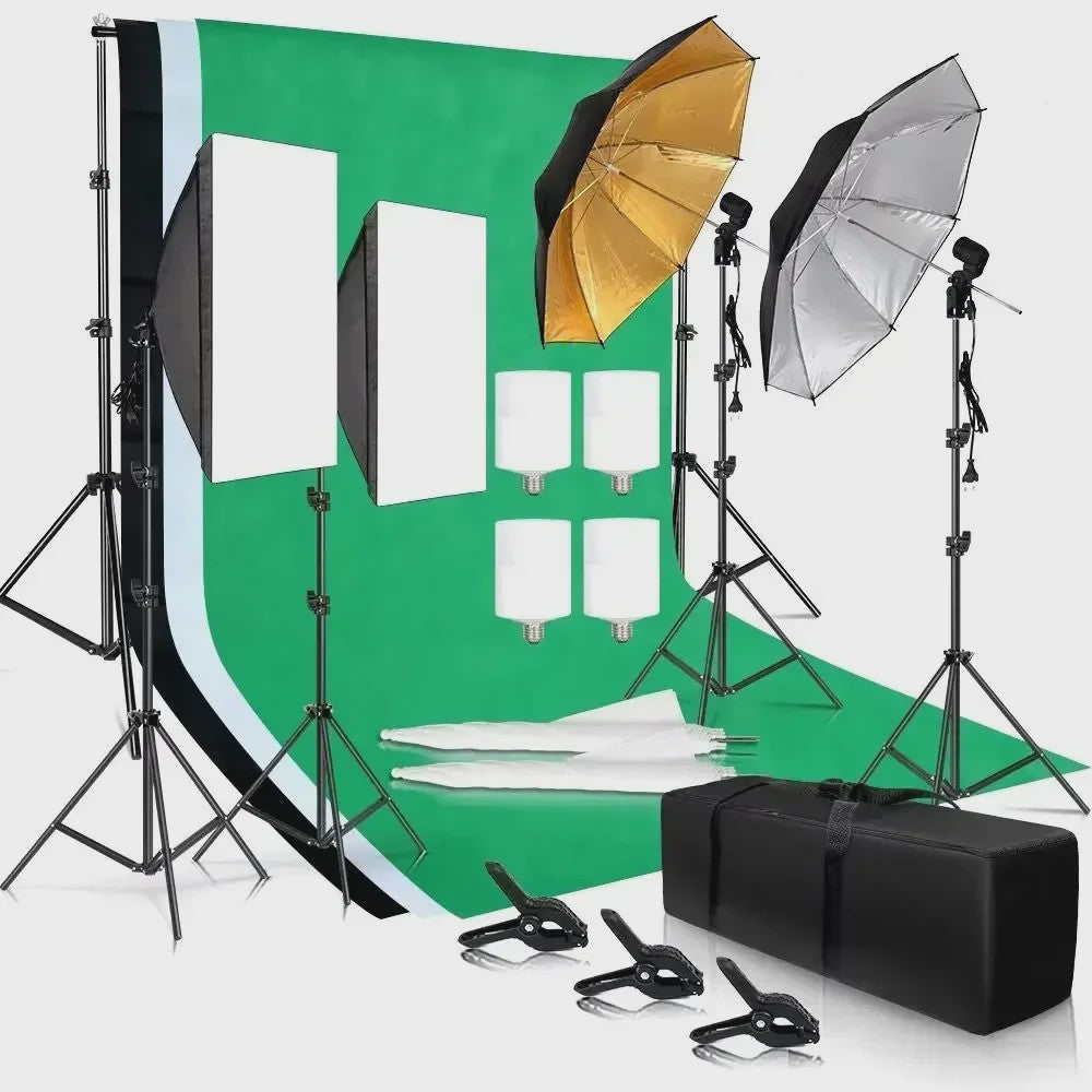 Professionele Fotostudio Verlichtingskit met Achtergronden, Softboxen, Paraplu's en Reflectoren