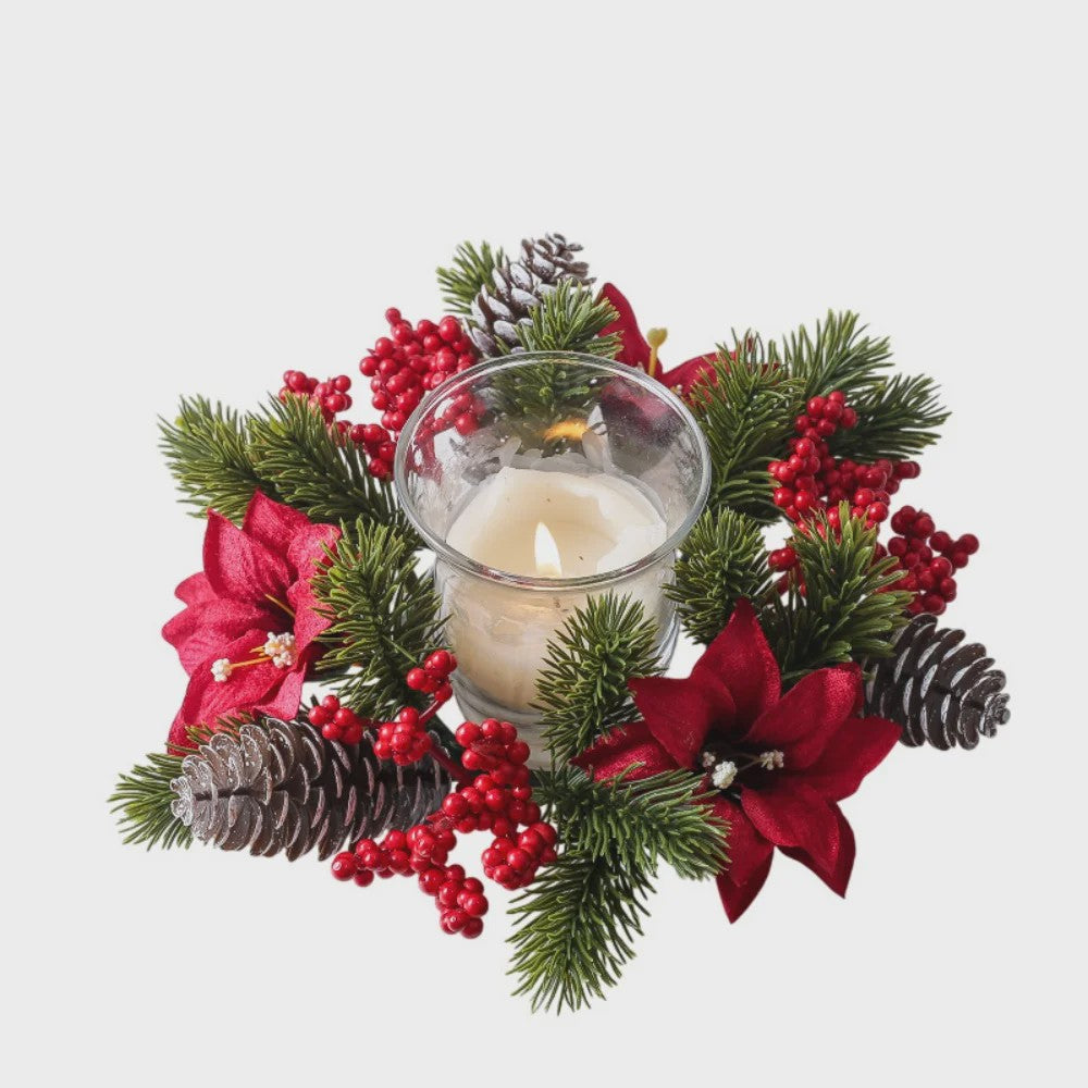Kerst Krans met Bessen, Denneappels en Kaarsenhouder - Tafeldecoratie