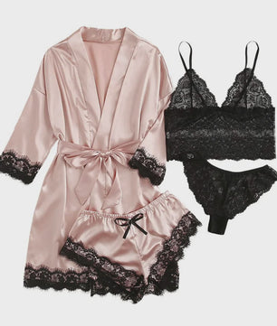 Luxe 4-delige Satin Pyjamaset met Kant - Comfortabel & Sexy