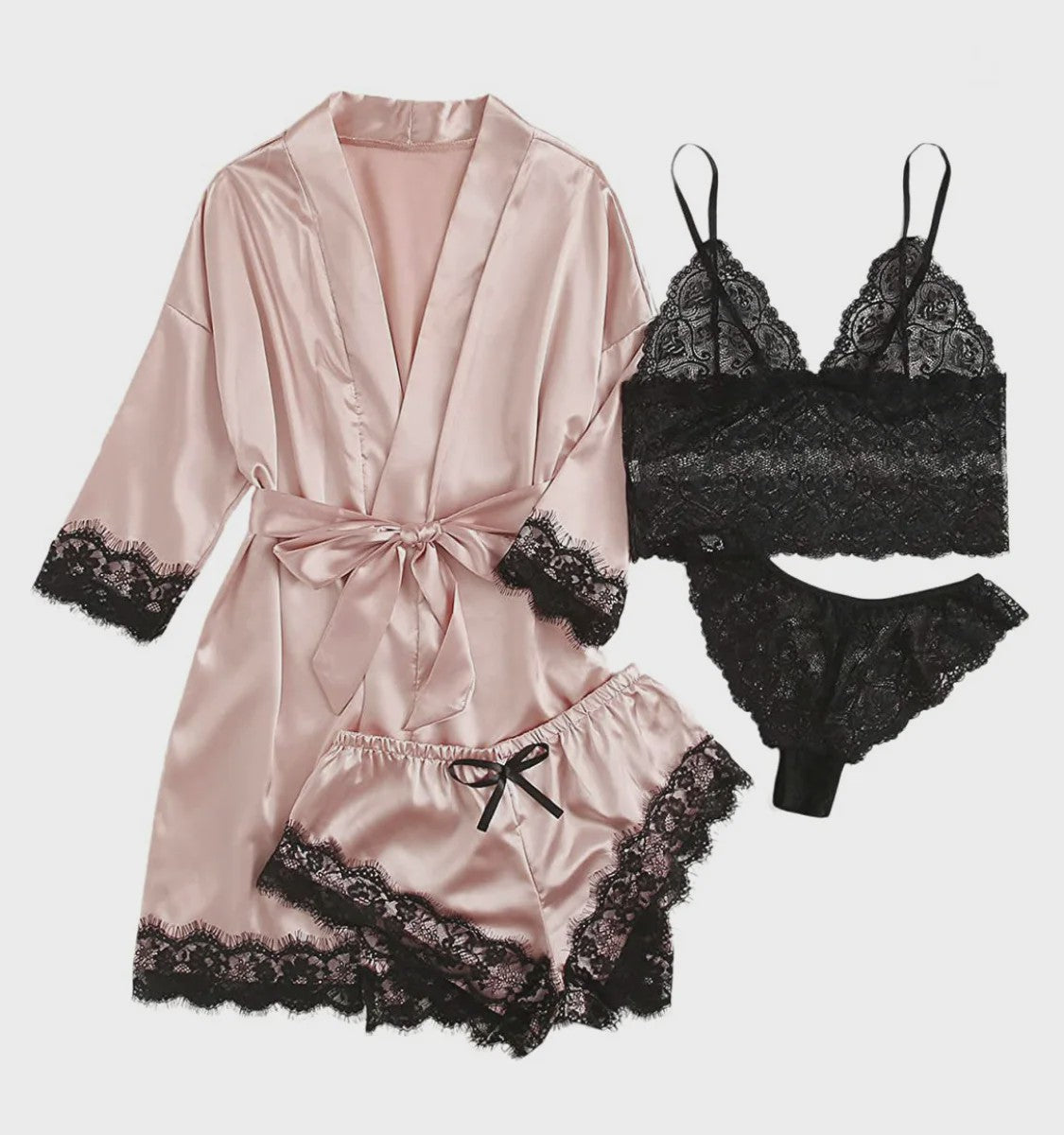 Luxe 4-delige Satin Pyjamaset met Kant - Comfortabel & Sexy