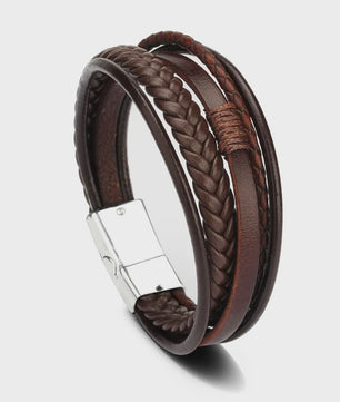 Trendy Heren Leren Armband - RVS & Gevlochten Touw, 21cm