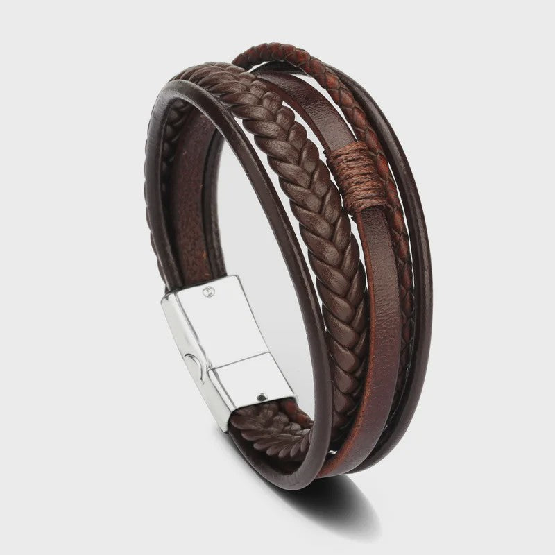 Trendy Heren Leren Armband - RVS & Gevlochten Touw, 21cm
