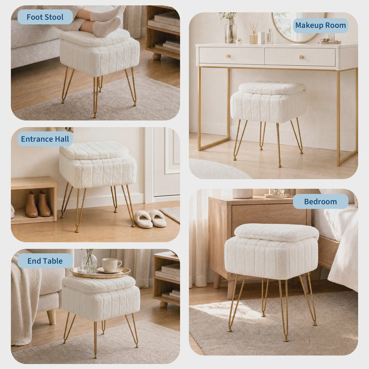 Luxe Pluche Kaptafel Kruk met Opbergruimte en Inklapbare Rugleuning - Zacht & Stijlvol