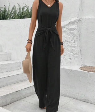 Modieuze Dames Jumpsuit met Wijde Pijpen, V-hals en Strikceintuur - Zomer & Vakantie