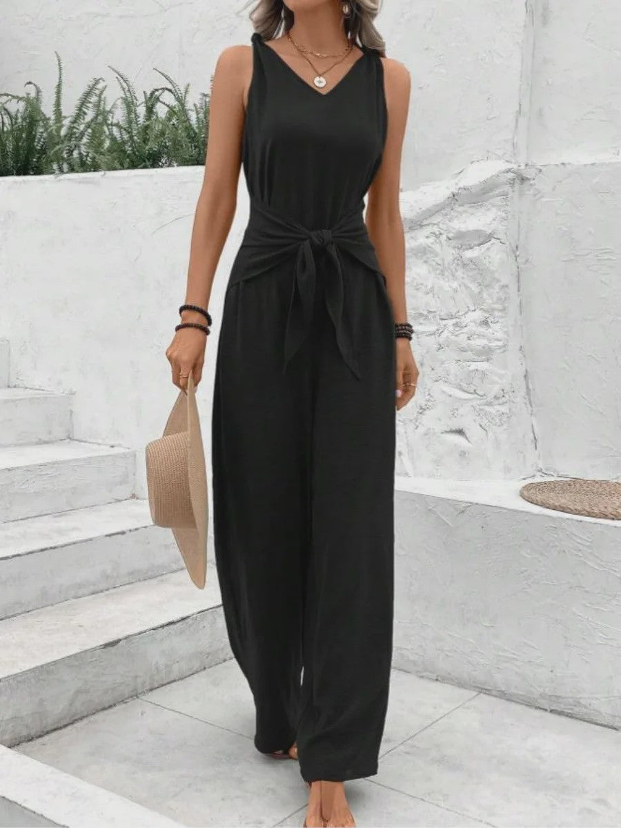 Modieuze Dames Jumpsuit met Wijde Pijpen, V-hals en Strikceintuur - Zomer & Vakantie