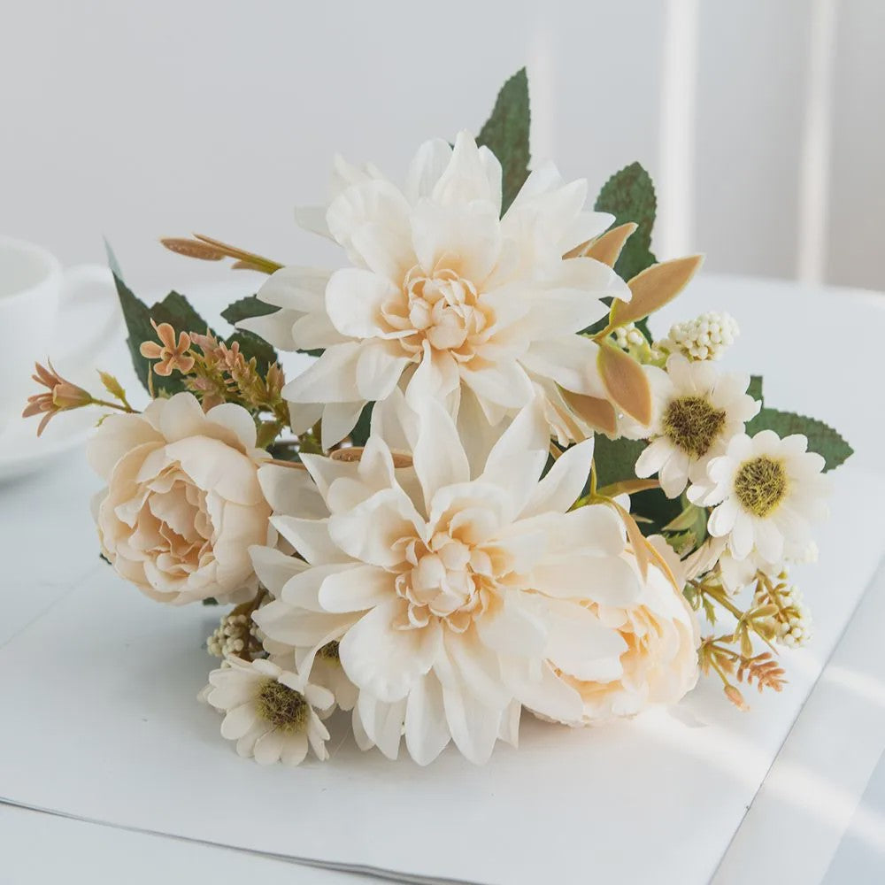 Kunstboeket Dahlia Rozen Madeliefjes - Zijde Bloemen voor Feestelijke Decoratie