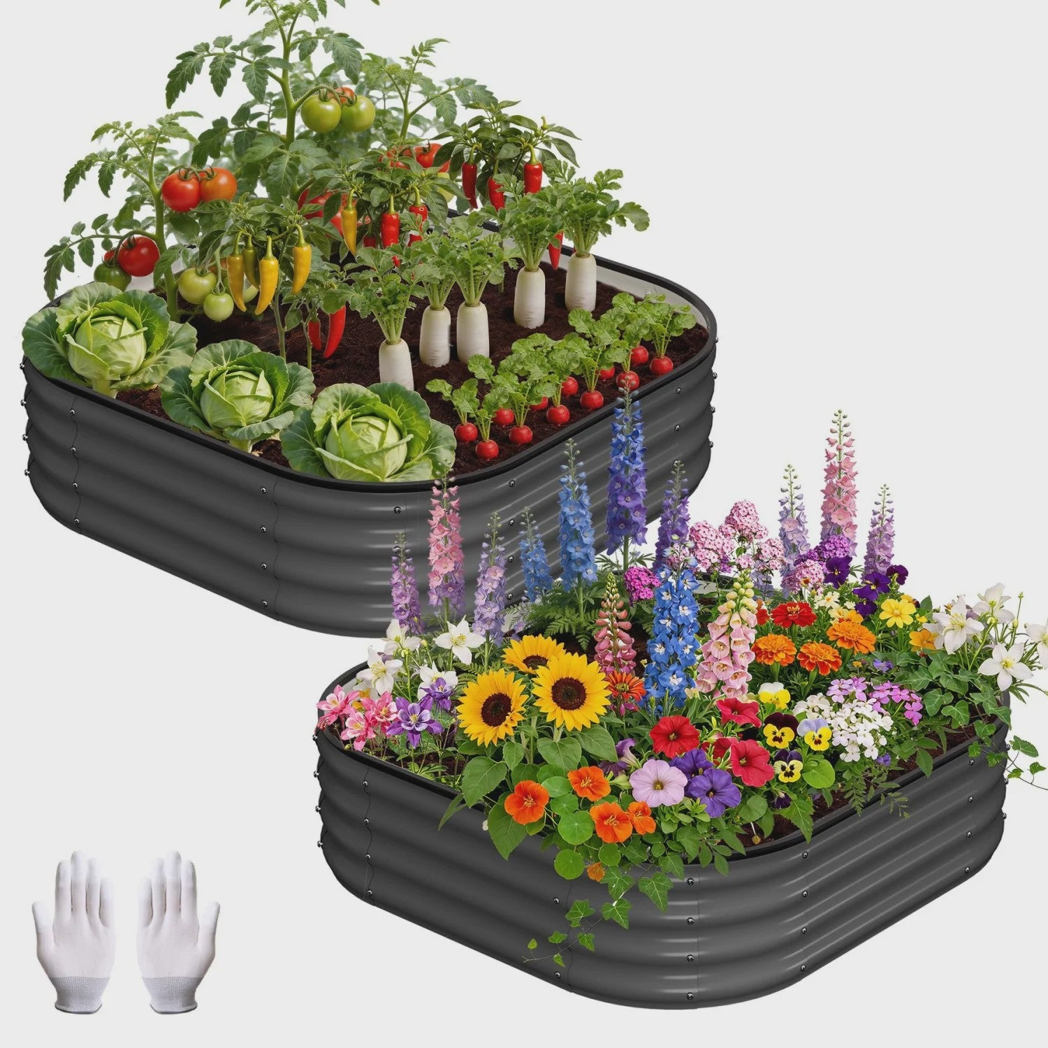 2x Verhoogde Kweekbakken 90x90x30 cm - Verzinkt Metaal, Squircle Vorm, Inclusief Handschoenen
