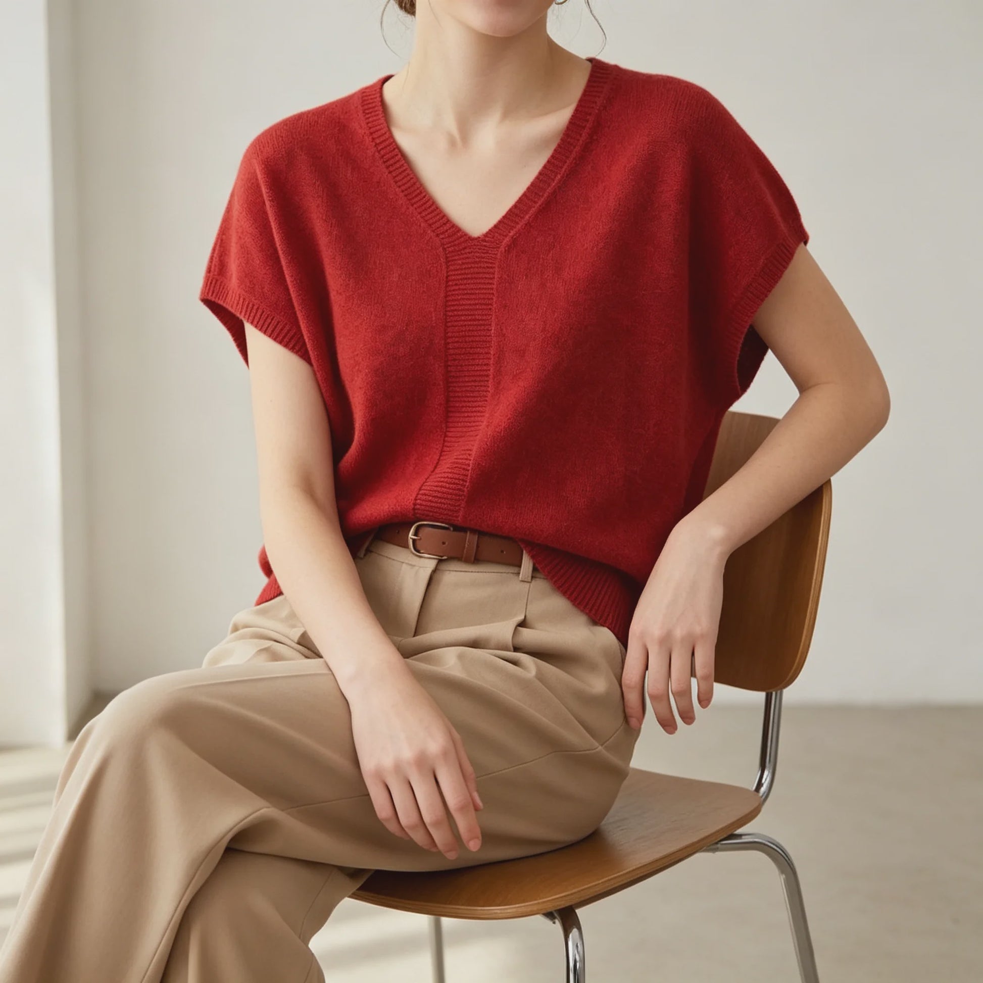 Oversized V-hals Trui Dames - Korte Mouw Gebreid Top