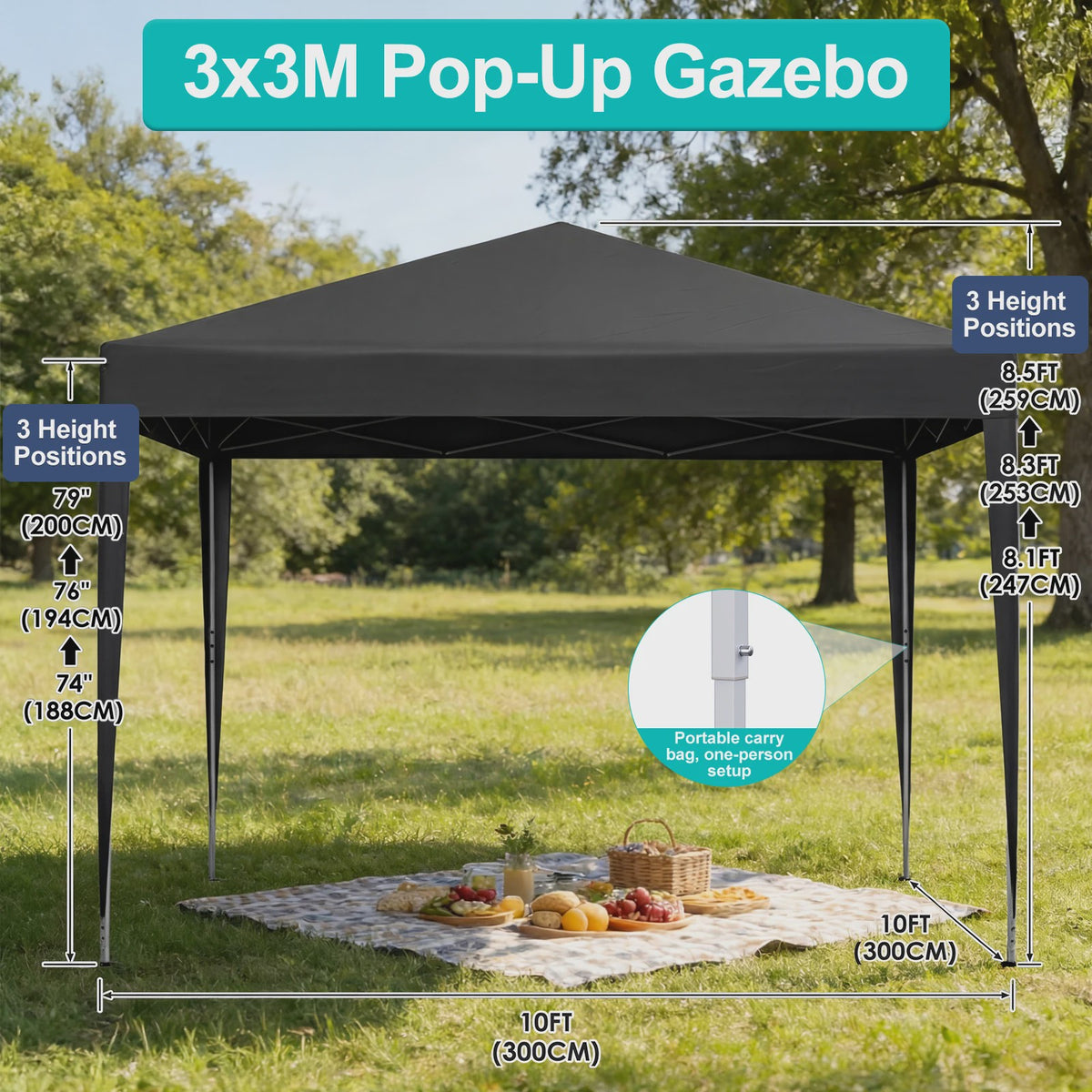 3x3m Pop-Up Gazebo Partytent - Waterdicht, UV-beschermend & Draagbaar