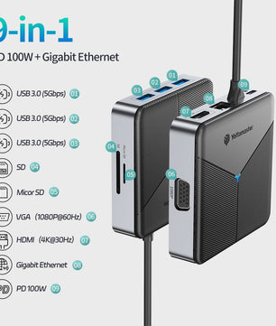 Yottamaster 8-in-1 USB-C Docking Station Hub met 100W PD, 4K@60Hz HDMI, RJ45, SD/TF Kaartlezer & Audio
