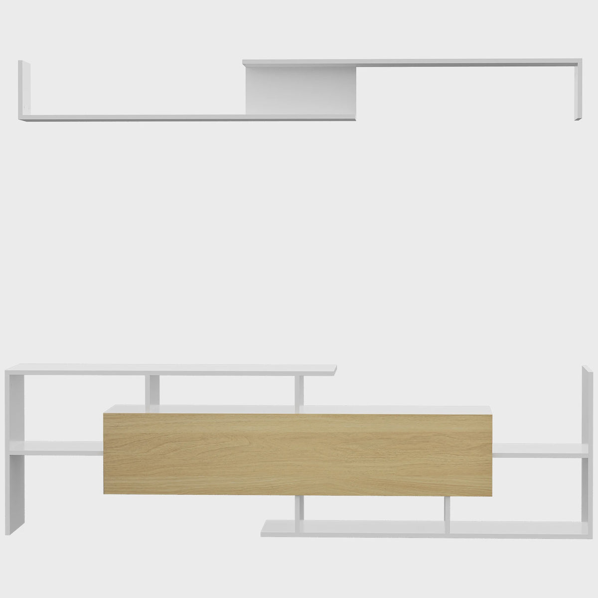 Moderne TV Meubel met Wandrek - 153.6 cm Breed - Wit met Houtdecor Front