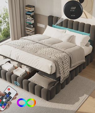Luxe Gestoffeerd Dubbel Bed met LED Verlichting en USB Poort - Zonder Matras