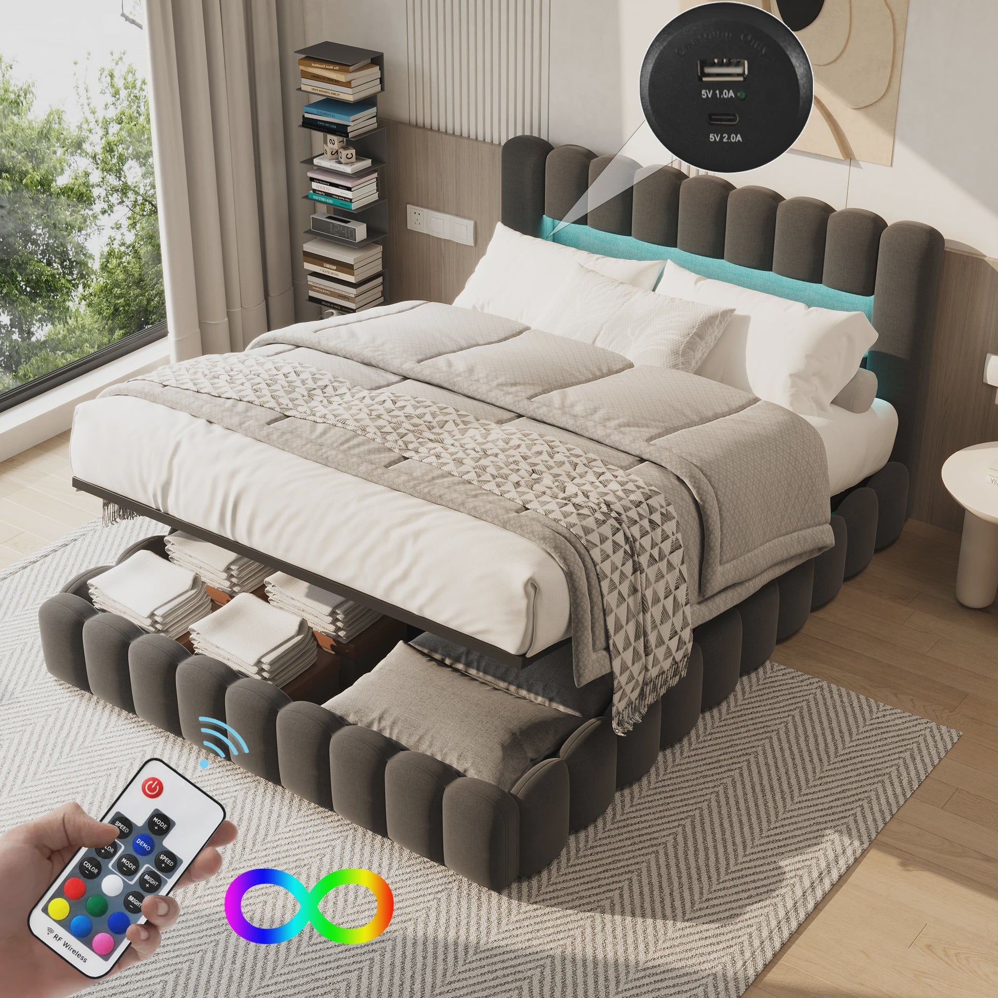 Luxe Gestoffeerd Dubbel Bed met LED Verlichting en USB Poort - Zonder Matras
