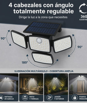 Solar LED Buitenlamp met Bewegingssensor - 4 Verstelbare Koppen, IP65 Waterdicht