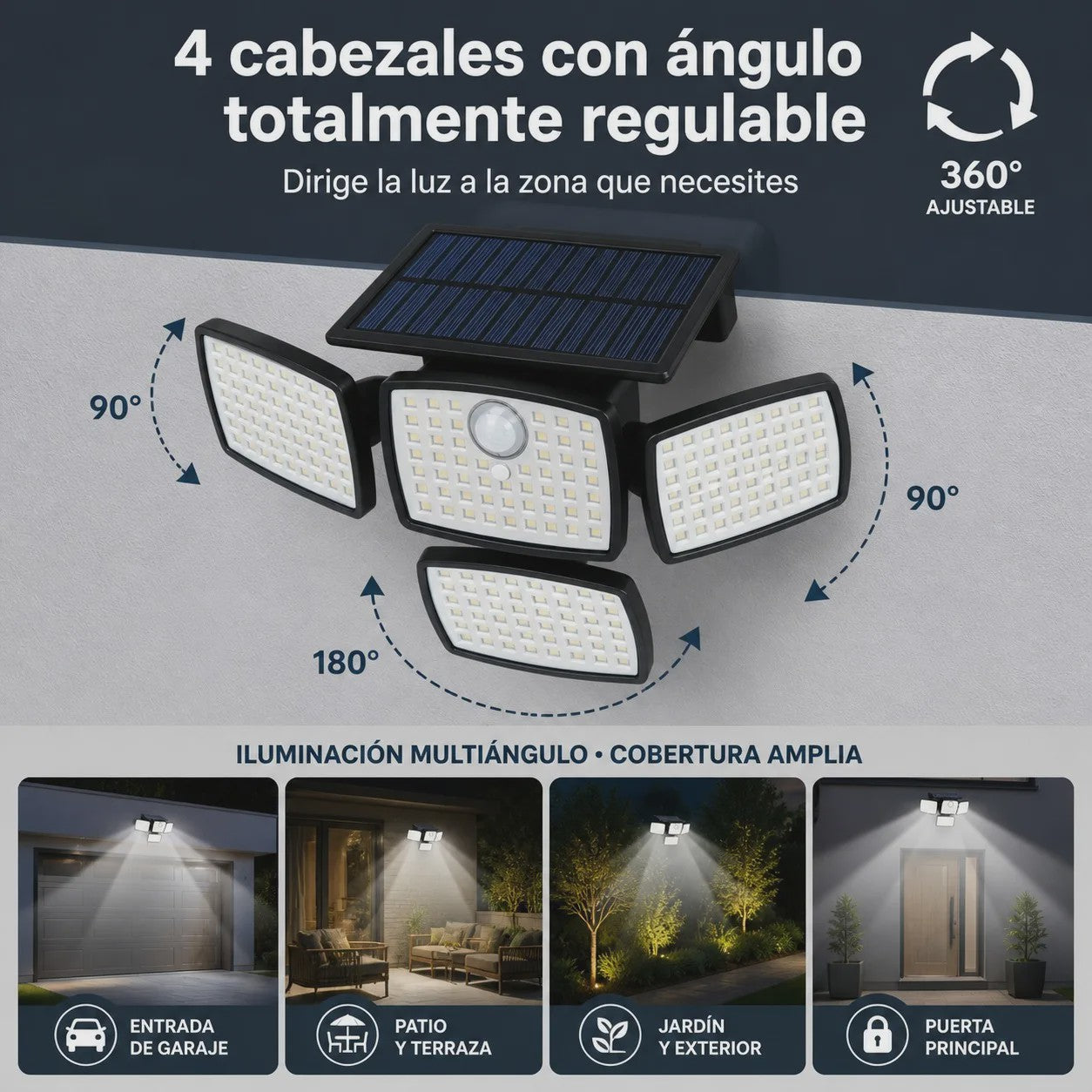 Solar LED Buitenlamp met Bewegingssensor - 4 Verstelbare Koppen, IP65 Waterdicht