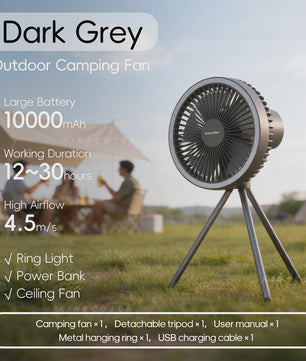 Draagbare Camping Ventilator met 10000mAh Batterij, LED Verlichting & Powerbank Functie