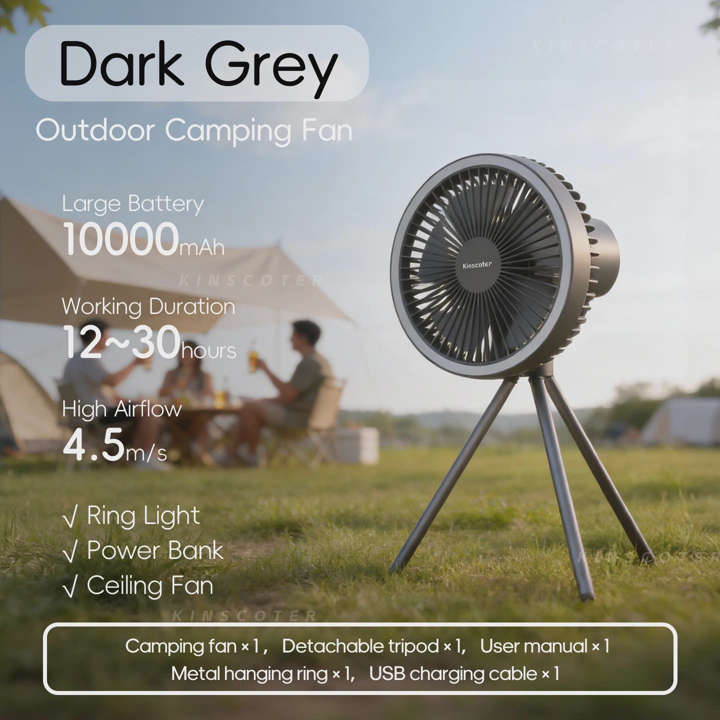 Draagbare Camping Ventilator met 10000mAh Batterij, LED Verlichting & Powerbank Functie
