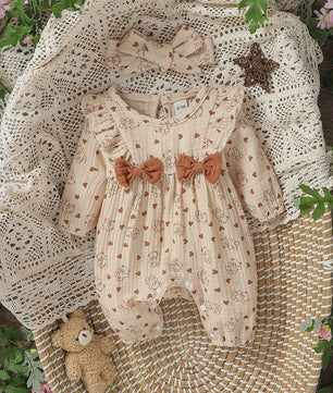 Schattige Baby Meisjes Jumpsuit met Bloemenprint, Lange Mouwen, Strikjes & Hoofdband - 0-6 Maanden