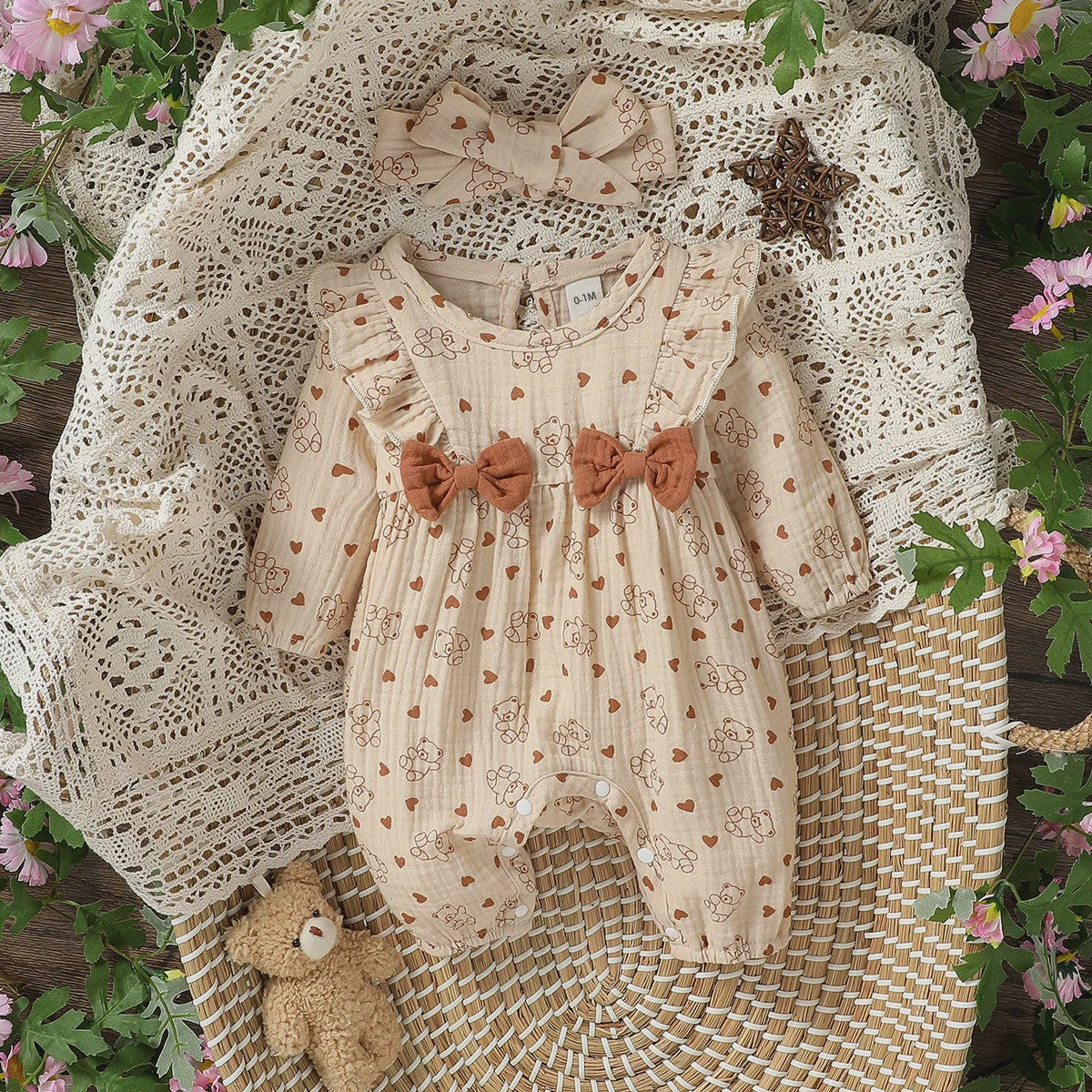 Schattige Baby Meisjes Jumpsuit met Bloemenprint, Lange Mouwen, Strikjes & Hoofdband - 0-6 Maanden