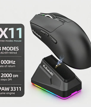 K.Snake X11 Tri-Mode Gaming Muis: 12000 DPI, RGB & Magnetische Oplaadbasis - Draadloos, Bluetooth, 2.4G, Bedraad