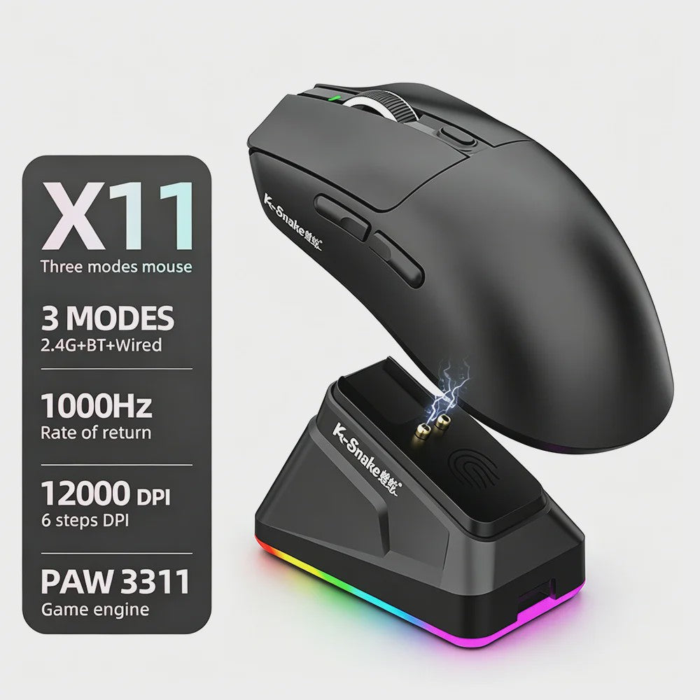 K.Snake X11 Tri-Mode Gaming Muis: 12000 DPI, RGB & Magnetische Oplaadbasis - Draadloos, Bluetooth, 2.4G, Bedraad