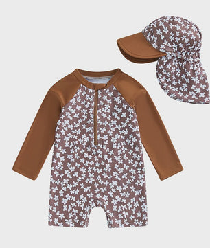 Meisjes Zwempak Lange Mouwen met Zonnehoed - Bloemenprint