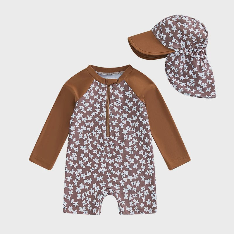Meisjes Zwempak Lange Mouwen met Zonnehoed - Bloemenprint