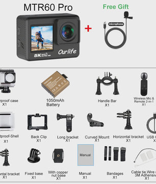 Ourlife MTR60 Pro 5K Actiecamera: 4K60FPS, WiFi, Waterdicht, Touchscreen & Afstandsbediening