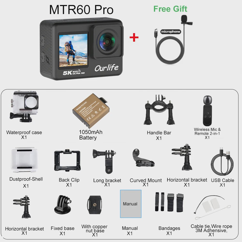 Ourlife MTR60 Pro 5K Actiecamera: 4K60FPS, WiFi, Waterdicht, Touchscreen & Afstandsbediening