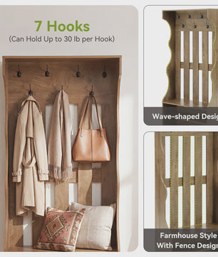 3-in-1 Halmeubel met Schoenenbank en Kapstok - Boerderijstijl Entree Organizer - 180cm Hoog - Bruin