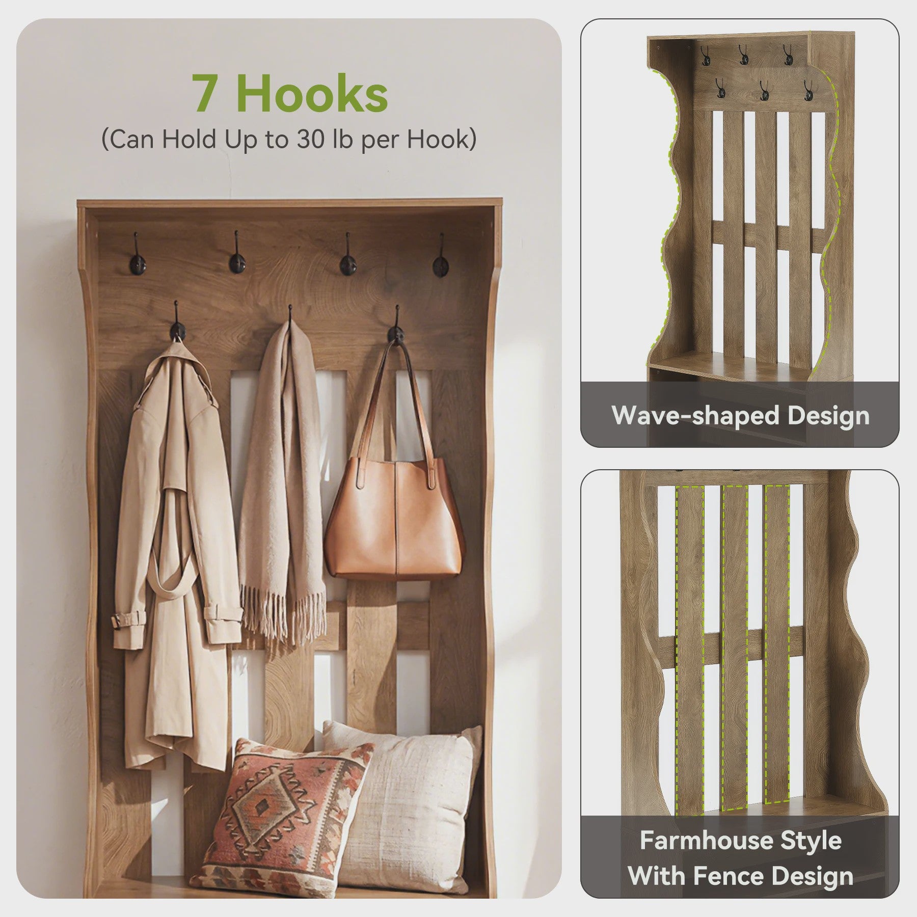 3-in-1 Halmeubel met Schoenenbank en Kapstok - Boerderijstijl Entree Organizer - 180cm Hoog - Bruin
